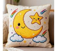 FFDONGTEGO Coussin Point De Croix Kit Adulte,Étoiles et lune de dessin animé,11CT Coussin Point de Croix Taie d'oreiller,45x45cm Art Creatif Cadeau,Décoratif Brodé