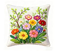 FFDONGTEGO Coussin Point De Croix Kit Adulte,Fleurs de printemps,11CT Coussin Point de Croix Taie d'oreiller,45x45cm Art Creatif Cadeau,Décoratif Brodé