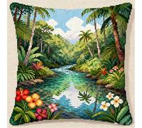 FFDONGTEGO Coussin Point De Croix Kit Adulte,Paysage de forêt tropicale,11CT Coussin Point de Croix Taie d'oreiller,45x45cm Art Creatif Cadeau,Décoratif Brodé