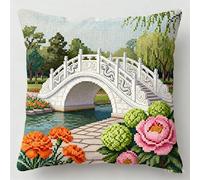 FFDONGTEGO Coussin Point De Croix Kit Adulte,Paysage de pont en arc de jardin,11CT Coussin Point de Croix Taie d'oreiller,45x45cm Art Creatif Cadeau,Décoratif Brodé