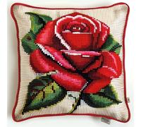FFDONGTEGO DIY Embroidery Cross Stitch Cushion Kit,Belle fleur de rose rouge,Stamped Cross-Stitch Pillow Case Kit for Creative Home Décor - Gift for Adult Beginners,18x18in
