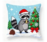 FFDONGTEGO DIY Embroidery Cross Stitch Cushion Kit,Raton laveur et sapin de Noël,Stamped Cross-Stitch Pillow Case Kit for Creative Home Décor - Gift for Adult Beginners,18x18in