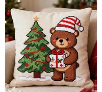 FFDONGTEGO DIY Embroidery Cross Stitch Cushion Kit,Sapin de Noël et ours brun,Stamped Cross-Stitch Pillow Case Kit for Creative Home Décor - Gift for Adult Beginners,18x18in