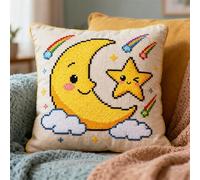 FFDONGTEGO DIY Embroidery Pillow Case,Étoiles et lune de dessin animé,11CT Cross Stitch Cushion Cover Kit 45x45cm,Christmas Decorative Gift for Adults Beginners