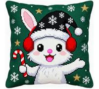 FFDONGTEGO DIY Embroidery Pillow Case,Lapin portant un chapeau de Père Noël,11CT Cross Stitch Cushion Cover Kit 45x45cm,Christmas Decorative Gift for Adults Beginners