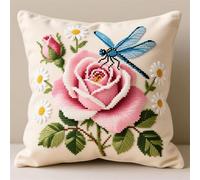 FFDONGTEGO DIY Embroidery Pillow Case,Libellule à fleurs,11CT Cross Stitch Cushion Cover Kit 45x45cm,Christmas Decorative Gift for Adults Beginners