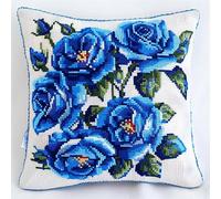 FFDONGTEGO DIY Embroidery Pillow Case,roses bleues,11CT Cross Stitch Cushion Cover Kit 45x45cm,Christmas Decorative Gift for Adults Beginners
