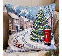 FFDONGTEGO DIY Embroidery Pillow Case,Scène de rue de Noël,11CT Cross Stitch Cushion Cover Kit 45x45cm,Christmas Decorative Gift for Adults Beginners