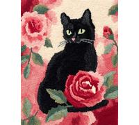 FFDONGTEGO Kit Crochet De Verrouillage Tapis,Des animaux,des chats,un chat noir et des fleurs,Diy Broderie,Kit Tapis Point Noué À Faire Pour Débutants,Adultes,Latch Hook Canevas Coussin,52x38cm