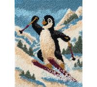 FFDONGTEGO Kit Crochet De Verrouillage Tapis,Un pingouin skieur,Diy Broderie,Kit Tapis Point Noué À Faire Pour Débutants,Adultes,Latch Hook Canevas Coussin,52x38cm