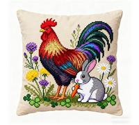 FFDONGTEGO Kit De Crochet De Loquet D'Oreiller,Coq et lapin,Housse De Coussin De Canapé Au Latch Hook Cushion Kits,Bricolage Avec Outil De Crochet De Loquet,43x43cm