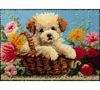 FFDONGTEGO Kit de Fabrication de Tapis,Chien,chiot dans un panier à fleurs,Point Noué à Faire Kit de Fabrication de Tapis pour Adultes et Débutants,Broderie DIY Bricolage,52x38cm