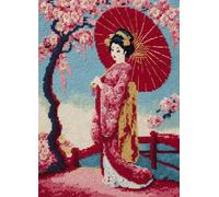 FFDONGTEGO Kit de Fabrication de Tapis,femme de style japonais sous un cerisier en fleurs,Point Noué à Faire Kit de Fabrication de Tapis pour Adultes et Débutants,Broderie DIY Bricolage,52x38cm