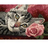 FFDONGTEGO Kit de Fabrication de Tapis,Un chat tenant une rose,Point Noué à Faire Kit de Fabrication de Tapis pour Adultes et Débutants,Broderie DIY Bricolage,52x38cm