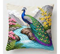 FFDONGTEGO Kit De Loquet À Crochet,Paons dans le ruisseau de montagne,Kit De Fabrication De Coussins,Housse De Coussin À Crochet De Loquet Taie D'Oreiller Bricolage,43x43cm