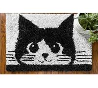 FFDONGTEGO Kit de Tapis Crochet,Animal Cat,un mignon chat noir,DIY Tapis brodé au Point de Croix,kit d'outils de Fabrication de rugs à Crochet Fait à la Main,52x38cm