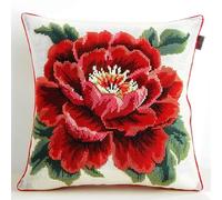 FFDONGTEGO Kit Point de Croix Imprimé Débutant,Fleurs de pivoine rouges,DIY Ensemble de Broderie pour Adultes 11CT Coussin Point de Croix Taie d'oreiller,18x18in