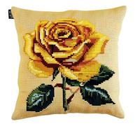 FFDONGTEGO Kit Point de Croix Imprimé Débutant,roses jaunes,DIY Ensemble de Broderie pour Adultes 11CT Coussin Point de Croix Taie d'oreiller,18x18in