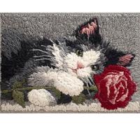 FFDONGTEGO Kits De Fabrication De Tapis Diy,Un chat tenant une rose,kit De Crochet De Loquet Pour Adultes Débutants,Ensemble De Point De Croix,Fabrication De Tapis,52x38cm