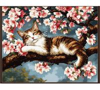 FFDONGTEGO Kits De Tapis À Crocheter Diy,Chat,un chat dormant sur une branche d'arbre,Kits De Point De Croix,Travaux D'Aiguille Pour Débutants,Décoration D'Intérieur Noël,52x38cm