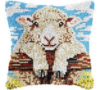 FFDONGTEGO Moutons animaux Latch Hook Cushion Kits for Adults,Chèvre couchée sur la clôture,Pillowcase Kids Beginner DIY Needlework Embroidery Kits Handmade Set Craft Sofa Home Decor 43x43cm