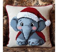 FFDONGTEGO Noël DIY Embroidery Cross Stitch Cushion Kit,Bébé éléphant portant un chapeau de Père Noël,Stamped Cross-Stitch Pillow Case Kit for Creative Home Décor - Gift for Adult Beginners,18x18in