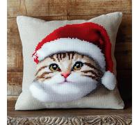 FFDONGTEGO Noël DIY Embroidery Cross Stitch Cushion Kit,Chat portant un chapeau de Père Noël,Stamped Cross-Stitch Pillow Case Kit for Creative Home Décor - Gift for Adult Beginners,18x18in