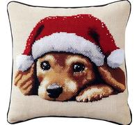 FFDONGTEGO Noël DIY Embroidery Cross Stitch Cushion Kit,Chien portant un chapeau de Père Noël,Stamped Cross-Stitch Pillow Case Kit for Creative Home Décor - Gift for Adult Beginners,18x18in