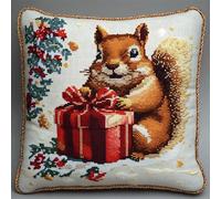FFDONGTEGO Noël DIY Embroidery Pillow Case,Écureuil tenant un cadeau,11CT Cross Stitch Cushion Cover Kit 45x45cm,Christmas Decorative Gift for Adults Beginners