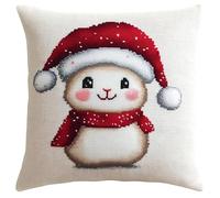 FFDONGTEGO Noël DIY Embroidery Pillow Case,Lapin portant un chapeau de Père Noël,11CT Cross Stitch Cushion Cover Kit 45x45cm,Christmas Decorative Gift for Adults Beginners