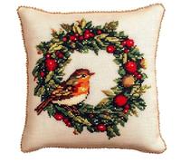 FFDONGTEGO Noël DIY Embroidery Pillow Case,Rouge-gorges et couronnes,11CT Cross Stitch Cushion Cover Kit 45x45cm,Christmas Decorative Gift for Adults Beginners