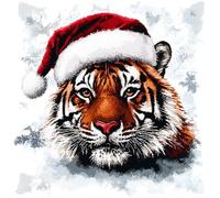 FFDONGTEGO Noël DIY Embroidery Pillow Case,Tigre portant un chapeau de Père Noël,11CT Cross Stitch Cushion Cover Kit 45x45cm,Christmas Decorative Gift for Adults Beginners