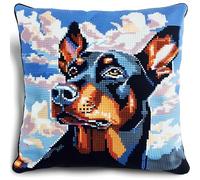 FFDONGTEGO Paysage de ciel bleu DIY Embroidery Cross Stitch Cushion Kit,animal Doberman,Stamped Cross-Stitch Pillow Case Kit for Creative Home Décor - Gift for Adult Beginners,18x18in