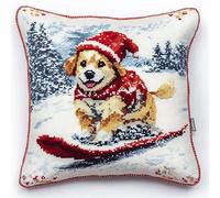 FFDONGTEGO Scène de forêt enneigée DIY Embroidery Cross Stitch Cushion Kit,Un chien skieur,Stamped Cross-Stitch Pillow Case Kit for Creative Home Décor - Gift for Adult Beginners,18x18in