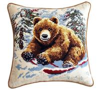 FFDONGTEGO Scène de forêt enneigée DIY Embroidery Pillow Case,Un ours brun skiant,11CT Cross Stitch Cushion Cover Kit 45x45cm,Christmas Decorative Gift for Adults Beginners