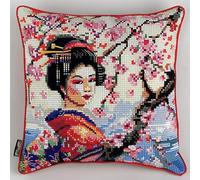 FFDONGTEGO style japonais DIY Embroidery Cross Stitch Cushion Kit,femme sous le cerisier en fleurs,Stamped Cross-Stitch Pillow Case Kit for Creative Home Décor - Gift for Adult Beginners,18x18in