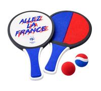 FFF Raquette de Plage Double Face 32 cm, Jeu 2-en-1 avec Balle Plastique et Balle Textile, Bleu Blanc Rouge, Enfants et Adultes