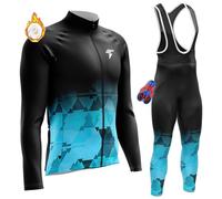FFFF & OLFEH Maillot Cyclisme Kits Hiver Homme Ensemble Cycliste à Manches Longues en Coton évacuant l'humidité + 9D Gel Pantalons MTB Jersey (PT15,XL)