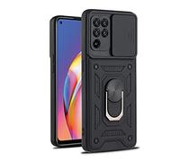 Ffish Coque pour Oppo A72 5G/A73 5G, armure militaire graduée avec coque de caméra coulissante et support magnétique pour voiture, noir