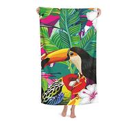 FFLSDR Serviette de Plage Oiseau Tropical Toucan Perroquet et Feuilles de Palmier Grande Serviette de Bain en Microfibre pour Adultes Couverture de Plage absorbante à séchage Rapide 80X130CM