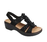 FFMA Sandales Femme éTé Chaussures orthopédiques pour Femmes Confortables Sandales en Cuir Plat Sandales Fleur Fleur Low Toe Open Toe Breathable Sandales,Noir,39 EU
