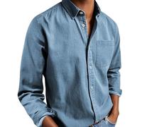 Ffmani Mens Shirts, Gentleman's Casual Cotton Basic Shirt, Solid Linen Long Sleeve Dress Button-Down Lapel Shirts with Pocket (Blue2,5TG)
