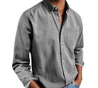 Ffmani Mens Shirts, Gentleman's Casual Cotton Basic Shirt, Solid Linen Long Sleeve Dress Button-Down Lapel Shirts with Pocket (Gray,M)