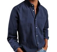 Ffmani Mens Shirts, Gentleman's Casual Cotton Basic Shirt, Solid Linen Long Sleeve Dress Button-Down Lapel Shirts with Pocket (Navy,Grand)