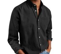 Ffmani Mens Shirts, Gentleman's Casual Cotton Basic Shirt, Solid Linen Long Sleeve Dress Button-Down Lapel Shirts with Pocket (Black,4TG)