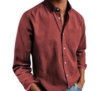 Ffmani Mens Shirts, Gentleman's Casual Cotton Basic Shirt, Solid Linen Long Sleeve Dress Button-Down Lapel Shirts with Pocket (Red,4TG)