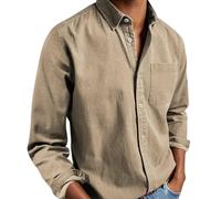 Ffmani Mens Shirts, Gentleman's Casual Cotton Basic Shirt, Solid Linen Long Sleeve Dress Button-Down Lapel Shirts with Pocket (Khaki,Grand)