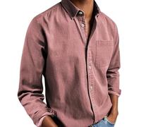Ffmani Mens Shirts, Gentleman's Casual Cotton Basic Shirt, Solid Linen Long Sleeve Dress Button-Down Lapel Shirts with Pocket (Pink,TTG)