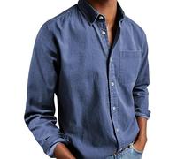Ffmani Mens Shirts Solid Linen Long Sleeve Dress Button-Down Lapel Shirts with Pocket Gentleman's Casual Cotton Basic Shirt (Navy,TG)