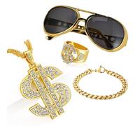 FFTANXS Lot de 4 Chaine Plaqué or Homme avec signe dollar,Chaine Or Homme Accessoires des Années 70, 80, 90,Inclure Pendentif,Collier dollar, Lunettes,Anneau
